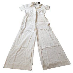 Suzie Kondi Corduroy Ponte Jumpsuit Womens Large Ivory Short Sleeve Wide